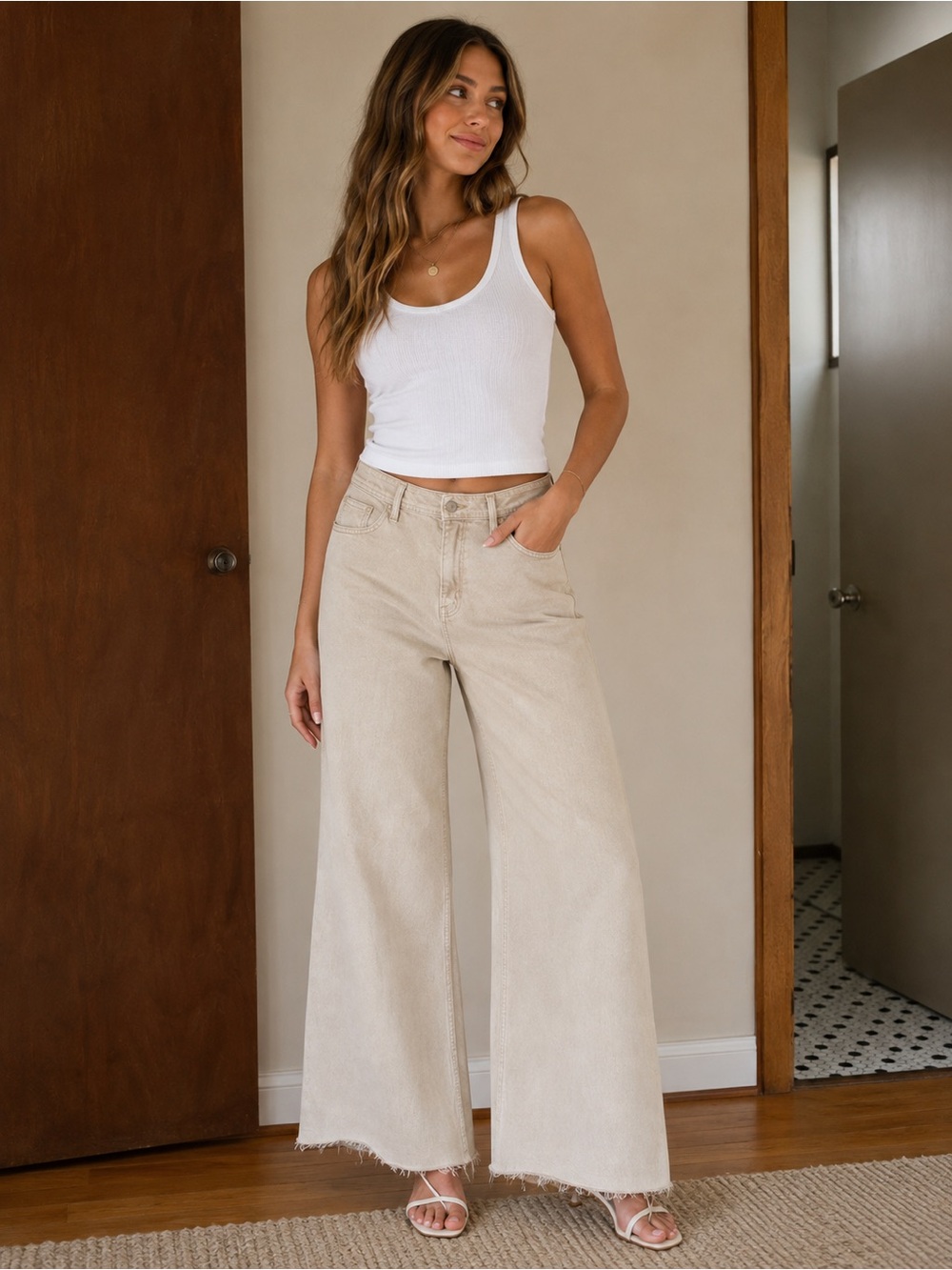 pistola Wide-Leg High-Rise Jeans in Light Beige